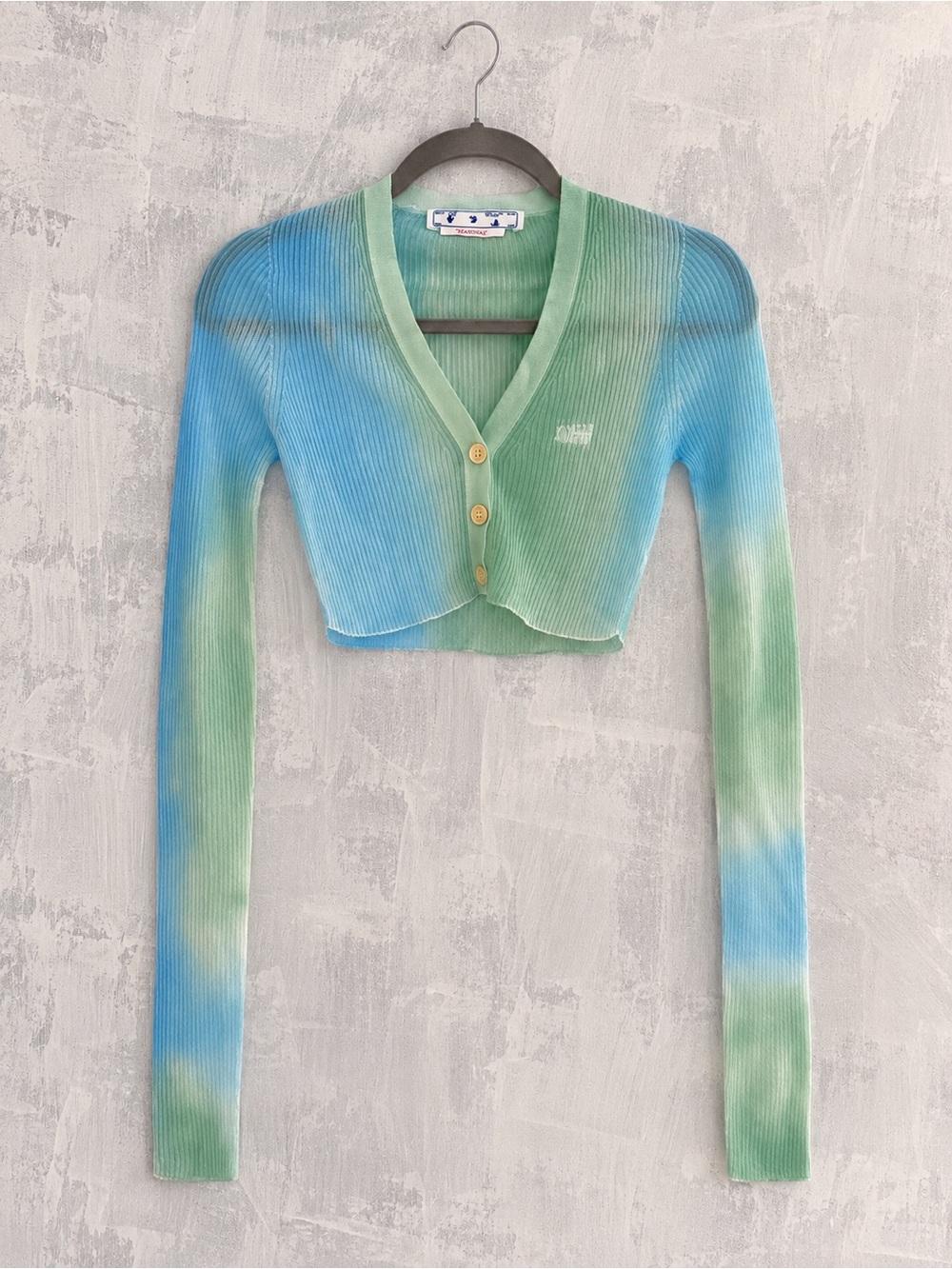 Off-White Ribbed Tie-Dye Cropped Cardigan - Blue & Green